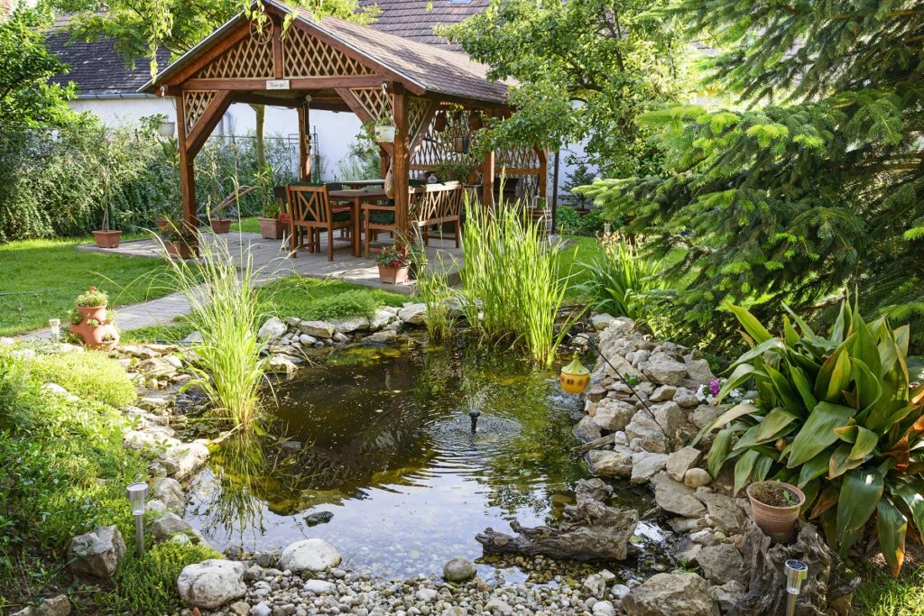 Backyard with pond and cottage