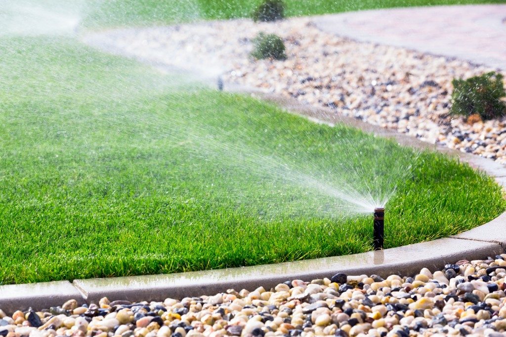 Automatic water sprinkler watering the grass